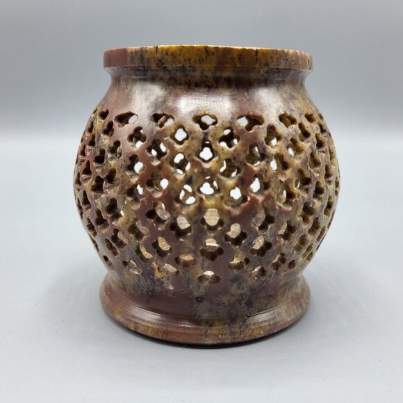 Vintage Decorative Brown Soapstone Stone Carved Candle Holder - Picture 1 of 9